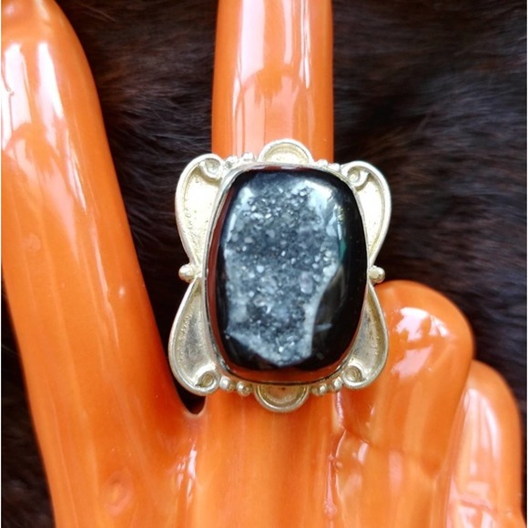 Sterling Silver black druzy ring Indian Chunky Big cocktail retro boho gypsy 8 - Picture 3 of 6
